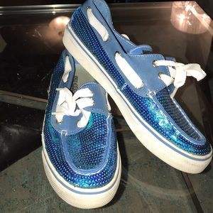 Sz 7.5 Iridescent Blue “unicorn” Sequined Sperrys